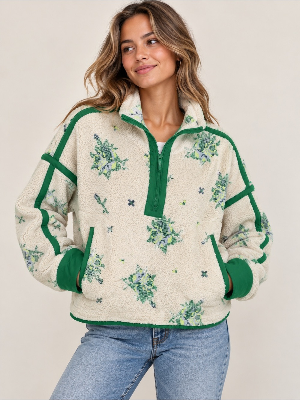 Free People Cream Sherpa Pullover with Green Floral Trim